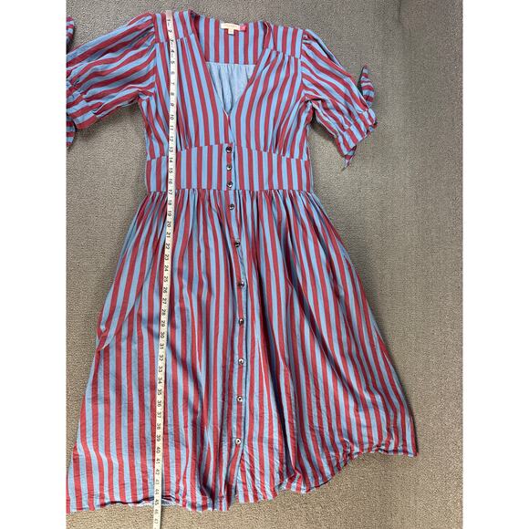 Pink Chicken Dress Womens Large Button Front Midi Striped Trad Wife Cottage - Picture 9 of 11